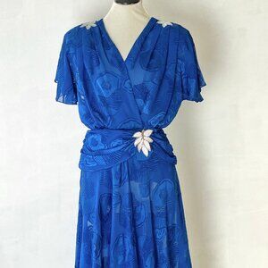 Vintage 80s Sequin Appliqué Dress Disco Burnout Floral Flutter Studio 54 S/M